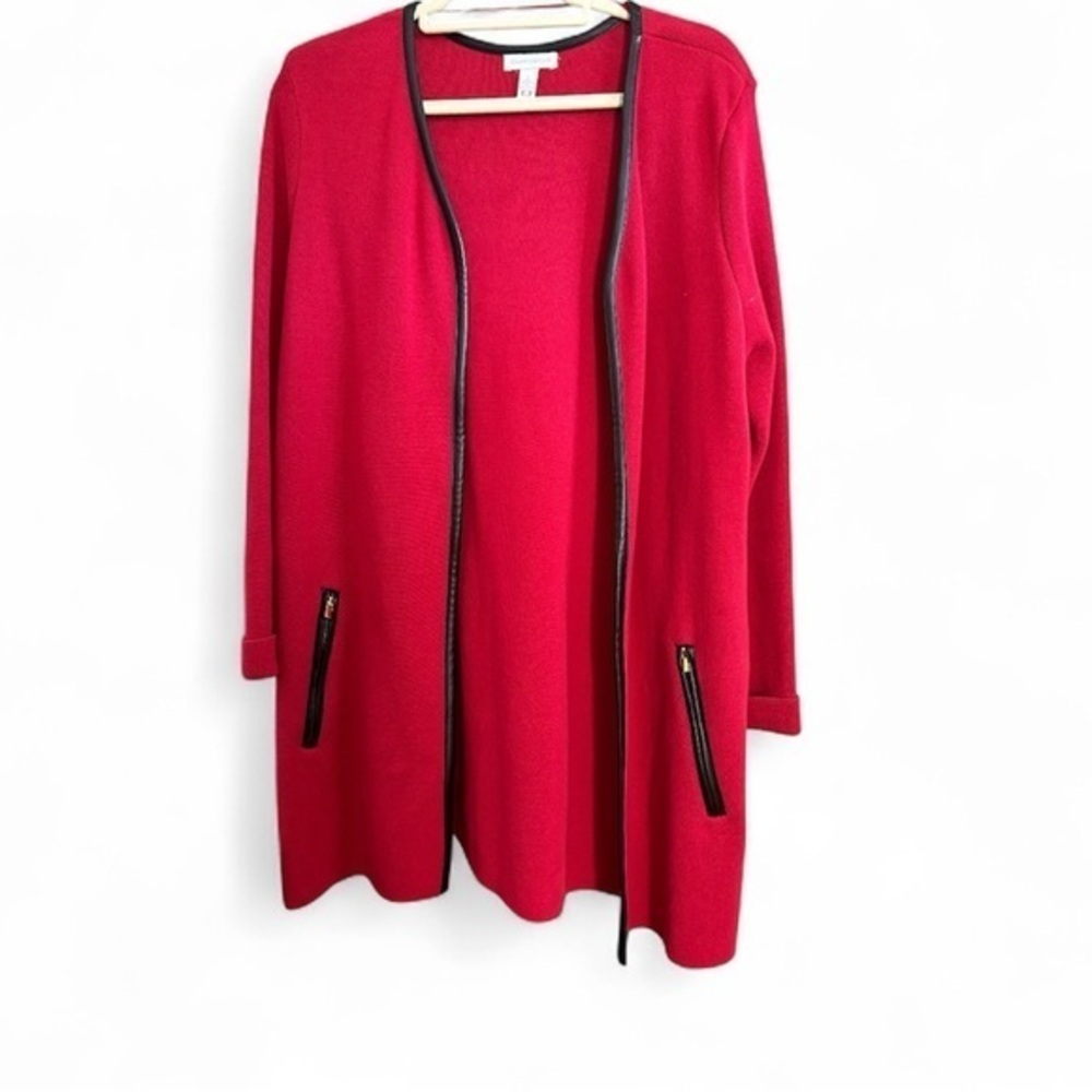 Red Open Front Cardigan with Leather Black Trim, Large